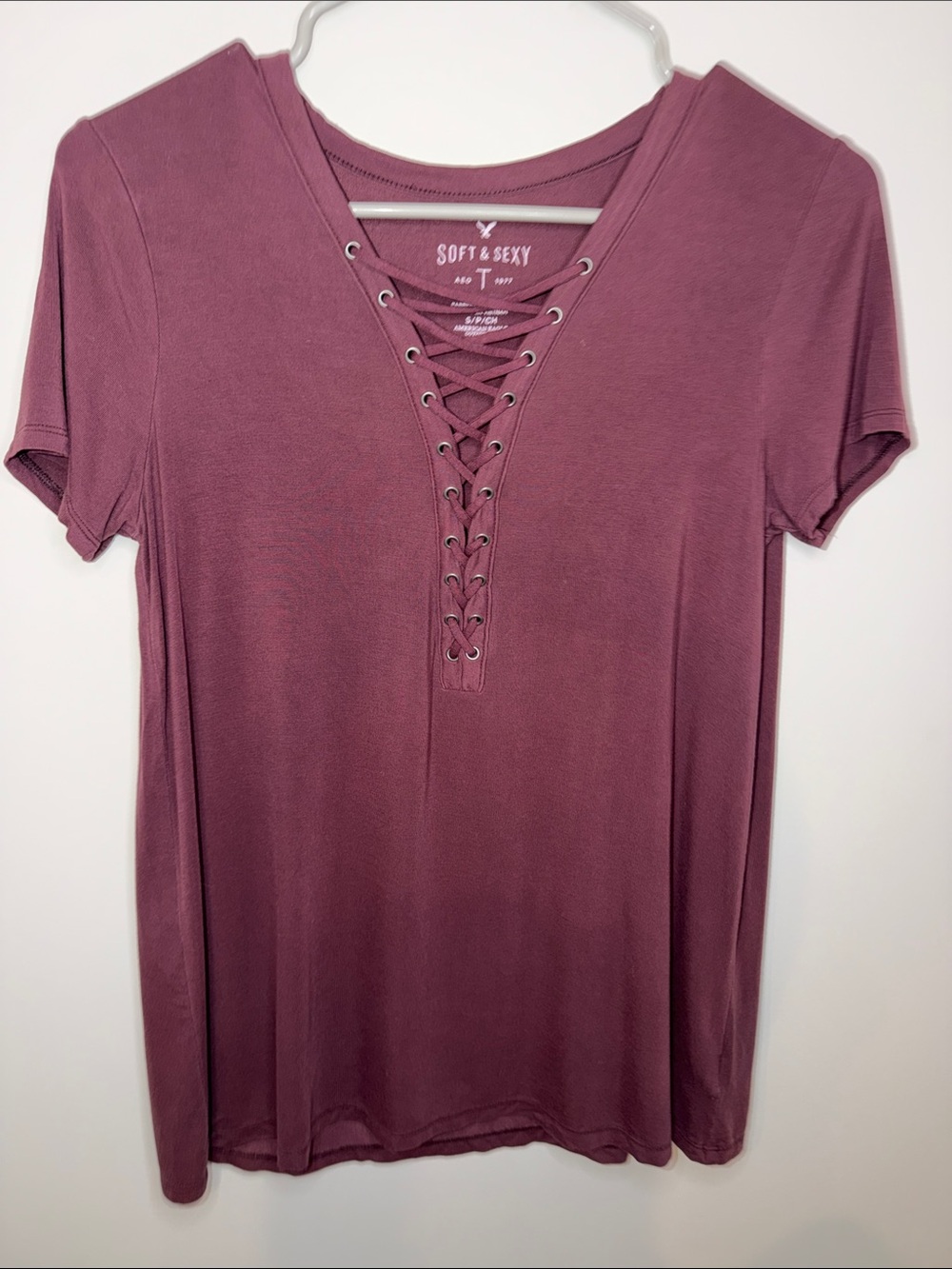 American Eagle Soft & Sexy Lace-Up V-Neck Short Sleeve Top - Plum